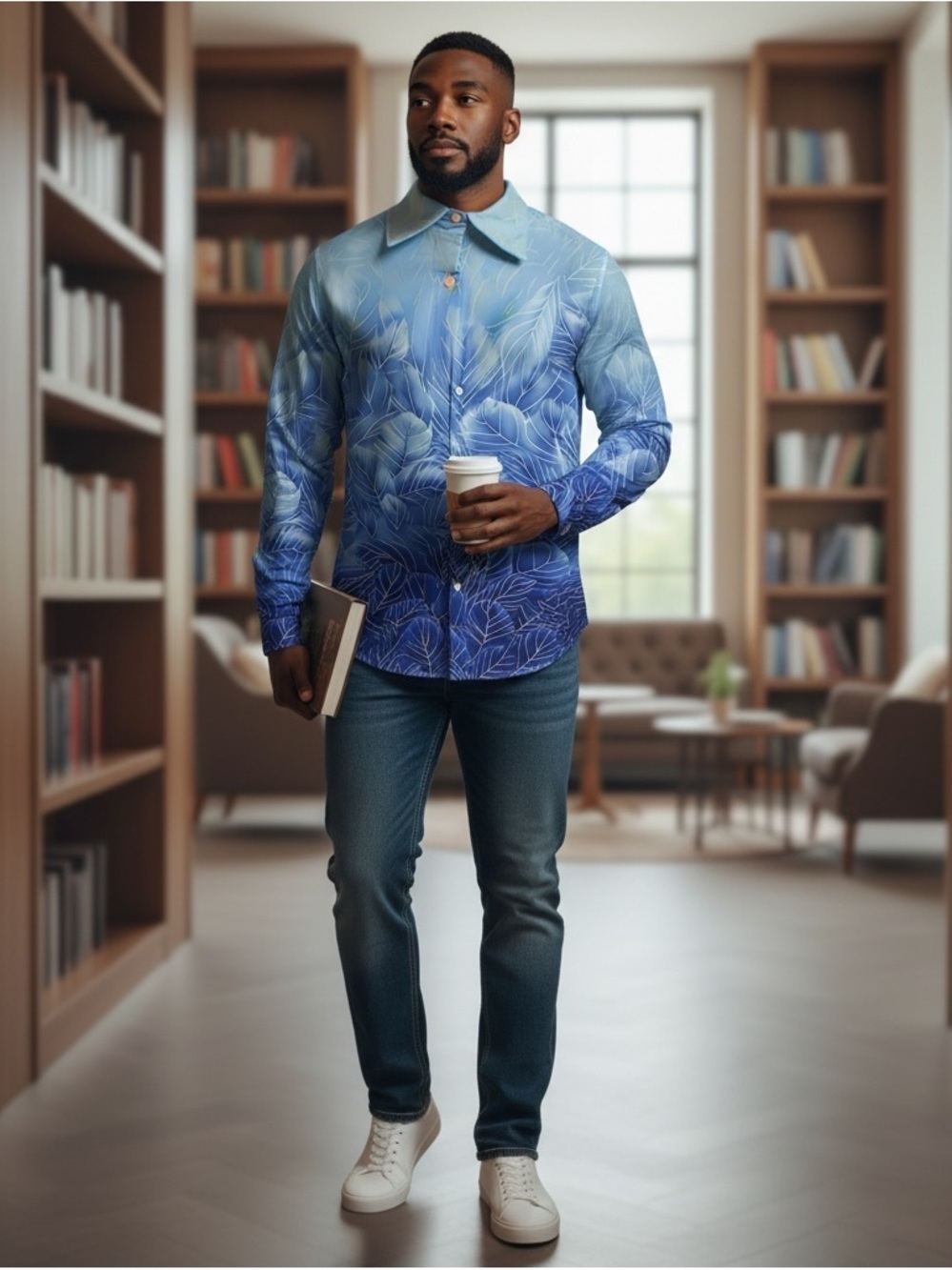 Men's Blue Gradient Floral Button-Up Jacket